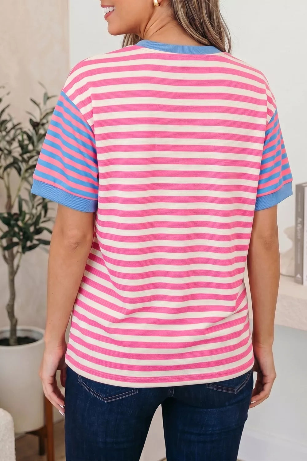 Dusty pink striped patchwork short sleeve loose tee back view