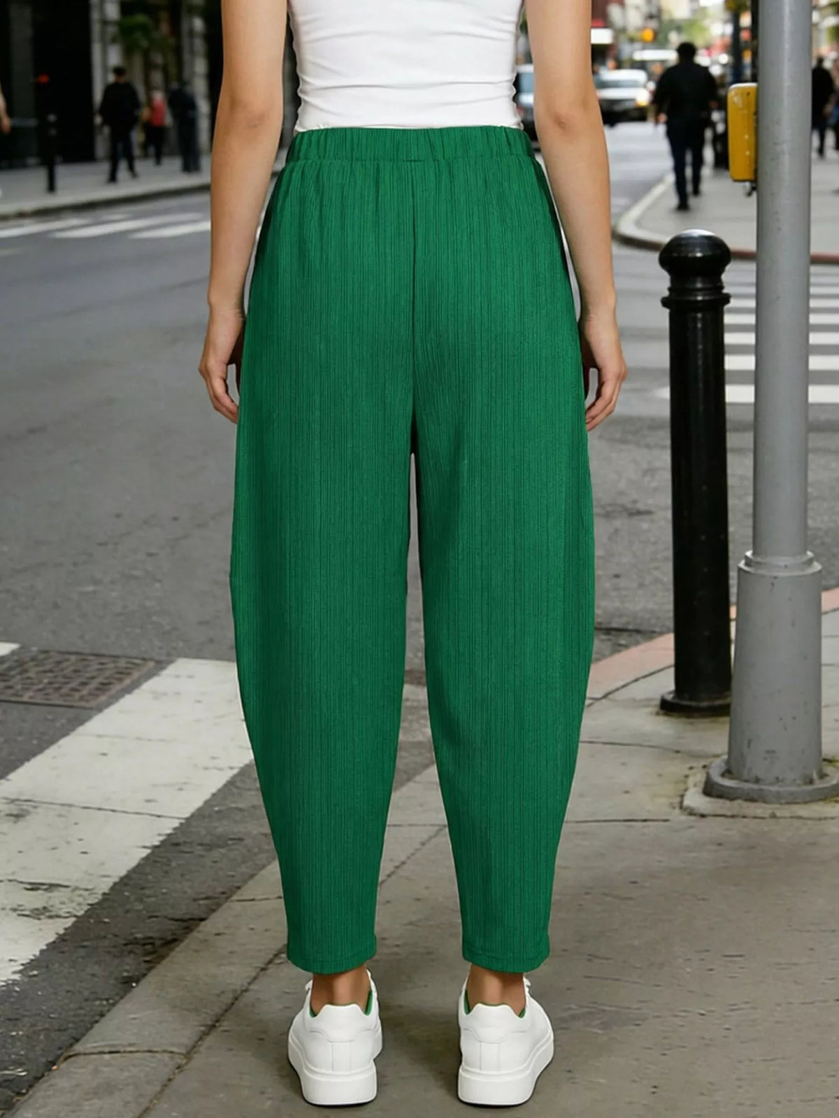 Plus size elastic waist harem pants, full length view