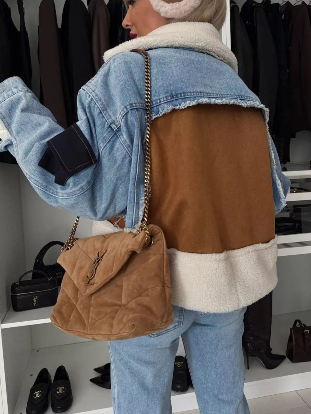 Raw Hem Sherpa Lined Denim Jacket in Light Blue back view