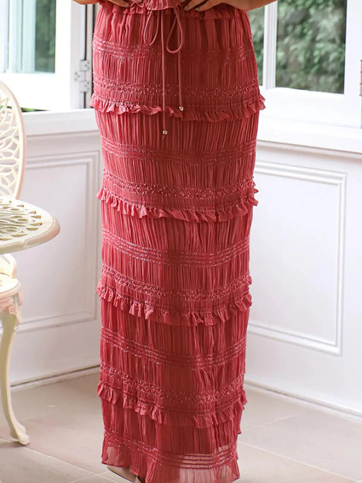 Smocked sleeveless top and maxi skirt set styled look