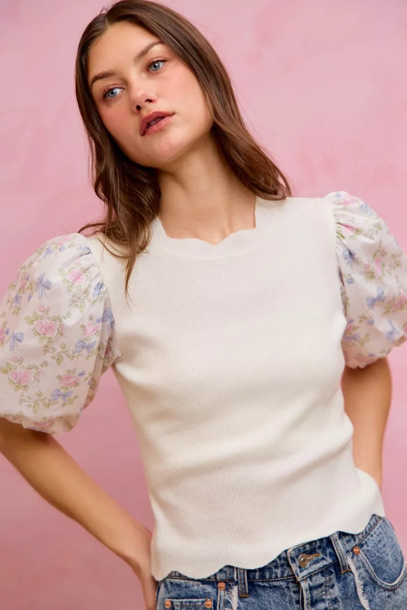 Floral print sweater top texture close up