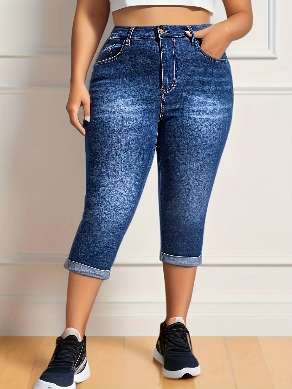 Dark blue plus size rolled hem capri jeans front view