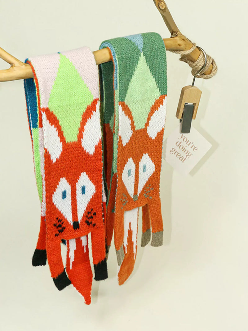 Knitted fox pattern scarf front view