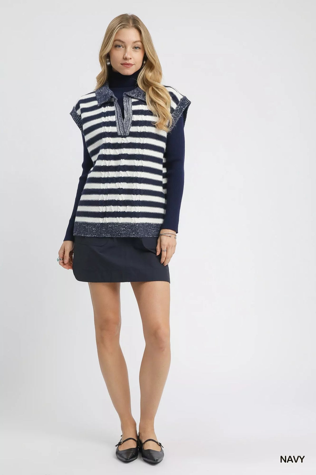 Cable Knit Collared Striped Sweater Vest in Navy side view