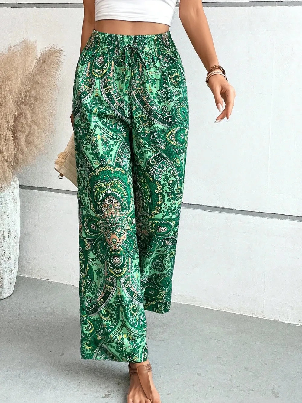 Printed tie waist wide leg pants print close up