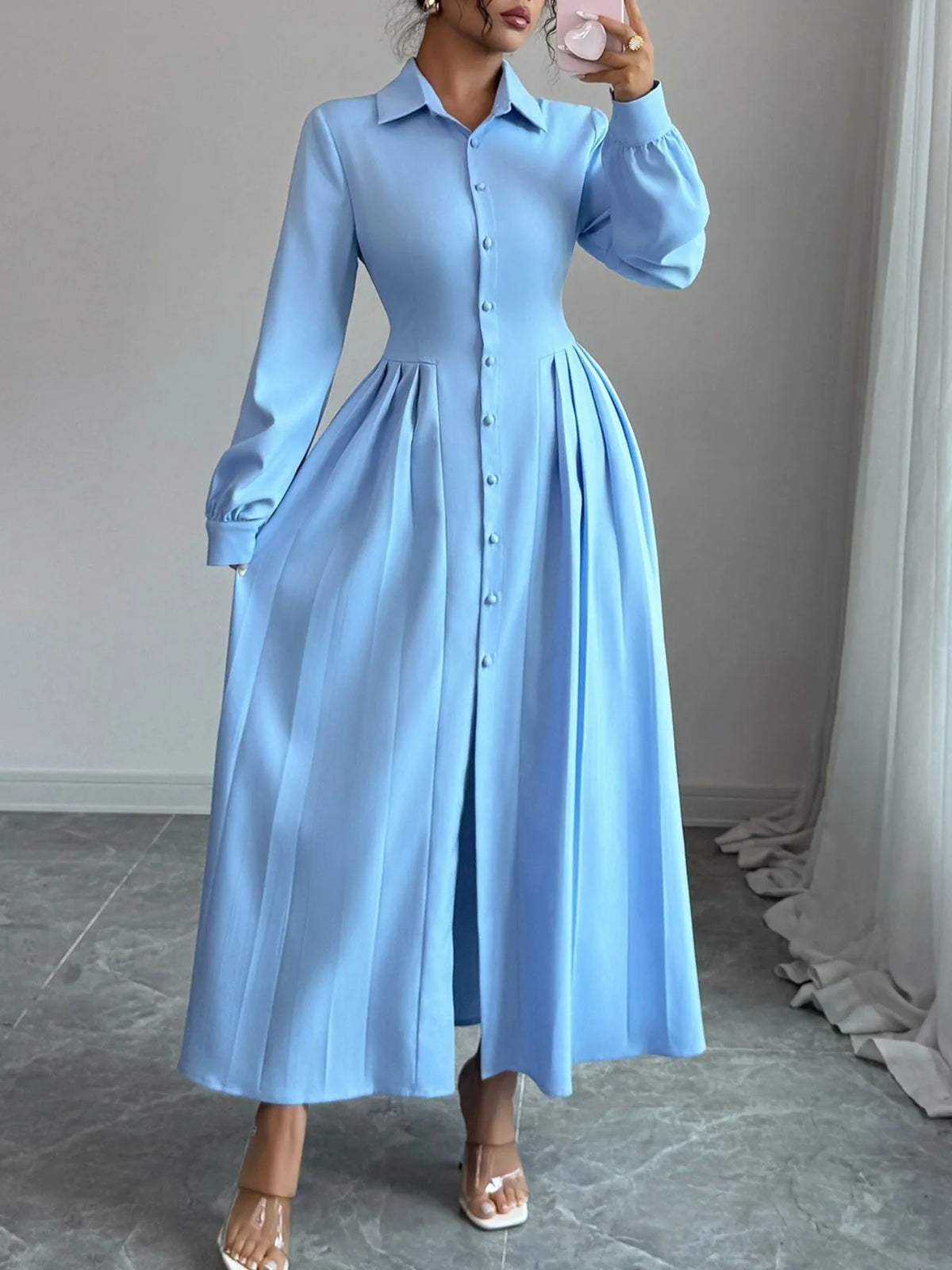 Ruched waist on long button front shirt dress