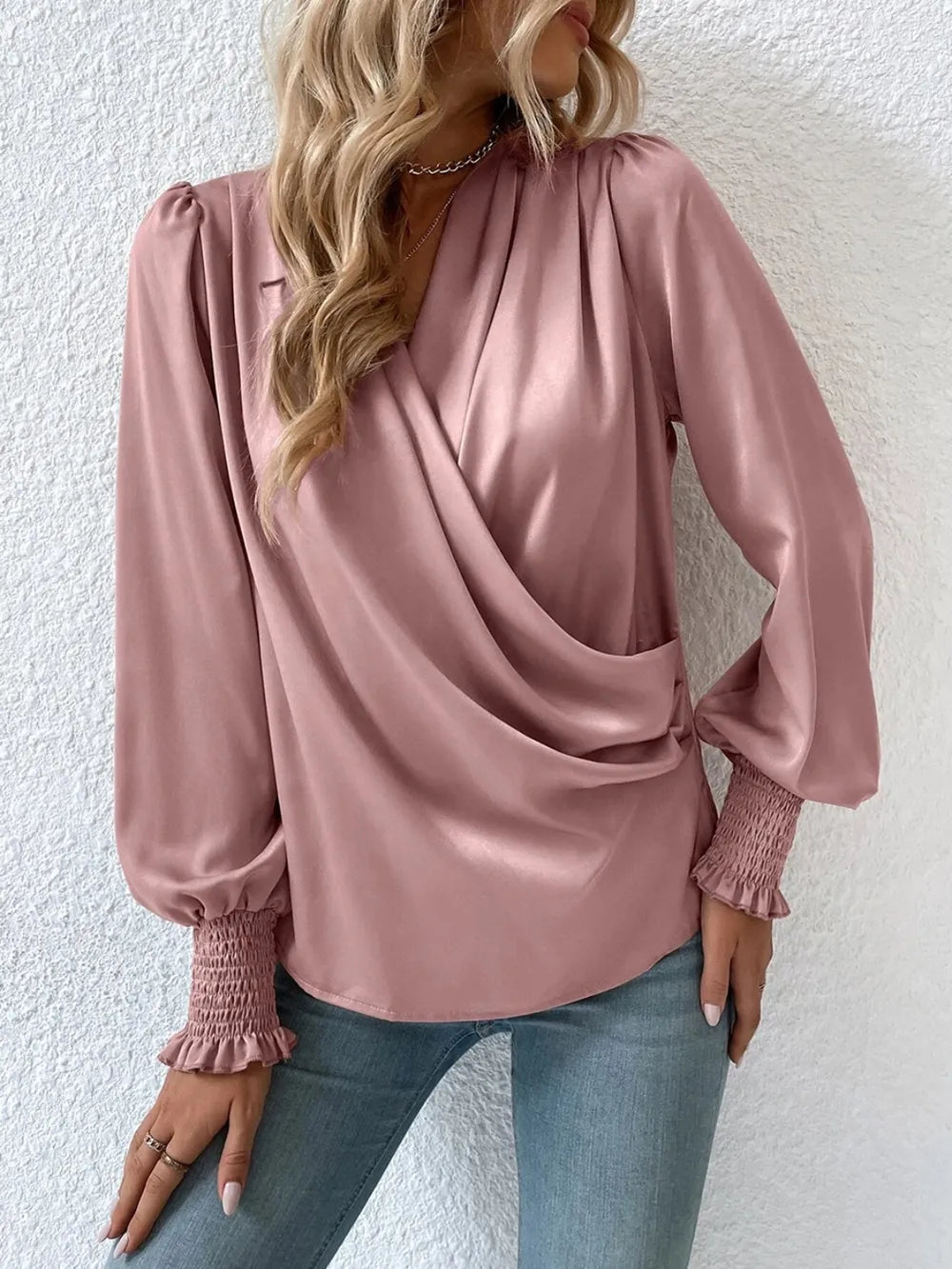 Surplice Smocked Lantern Sleeve Blouse Light Mauve - Fashorio