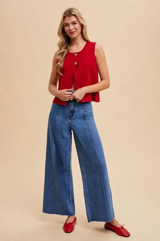 Metal Button Cropped Sweater Vest in Red detail