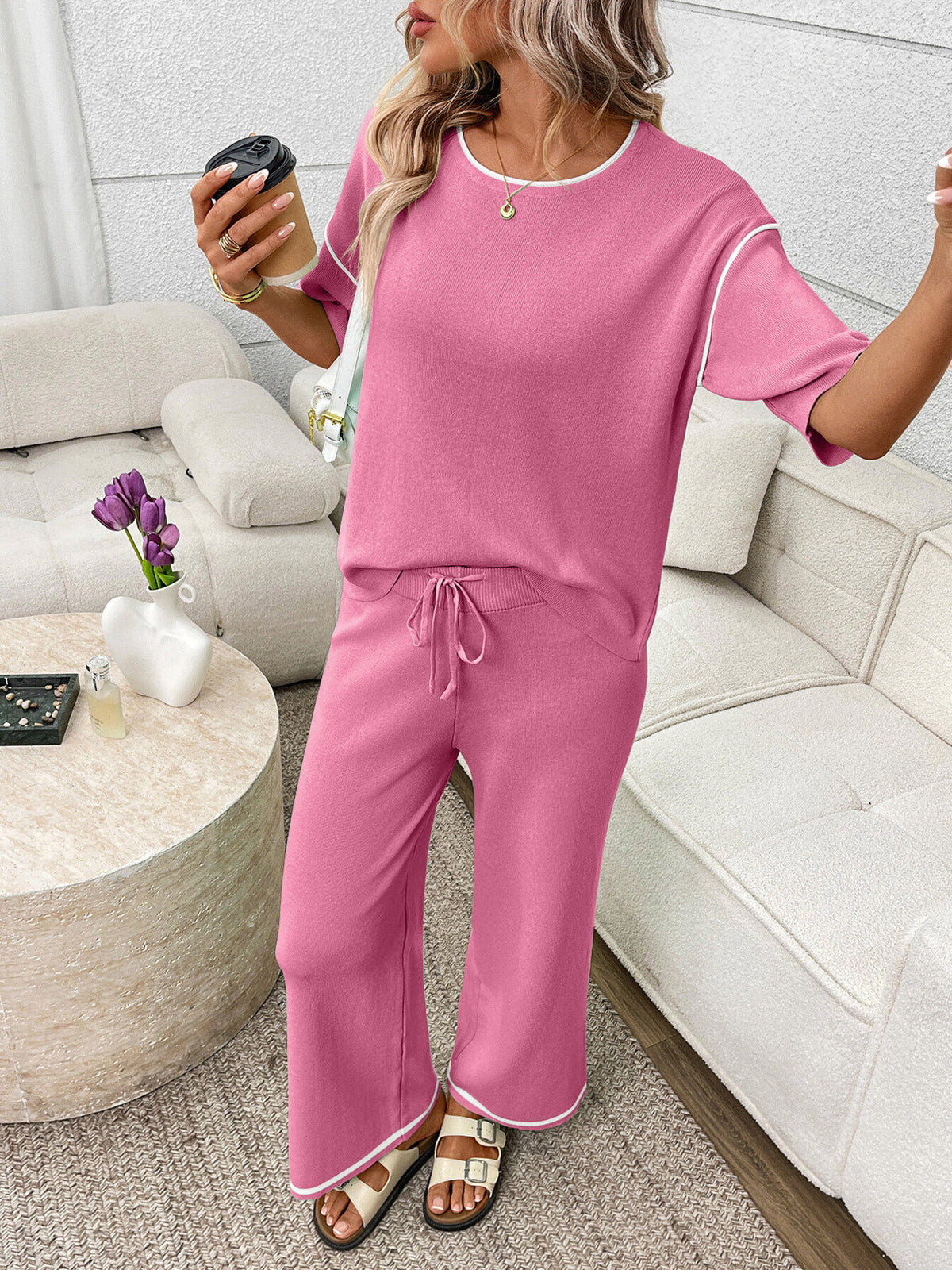 Half sleeve matching pants set look