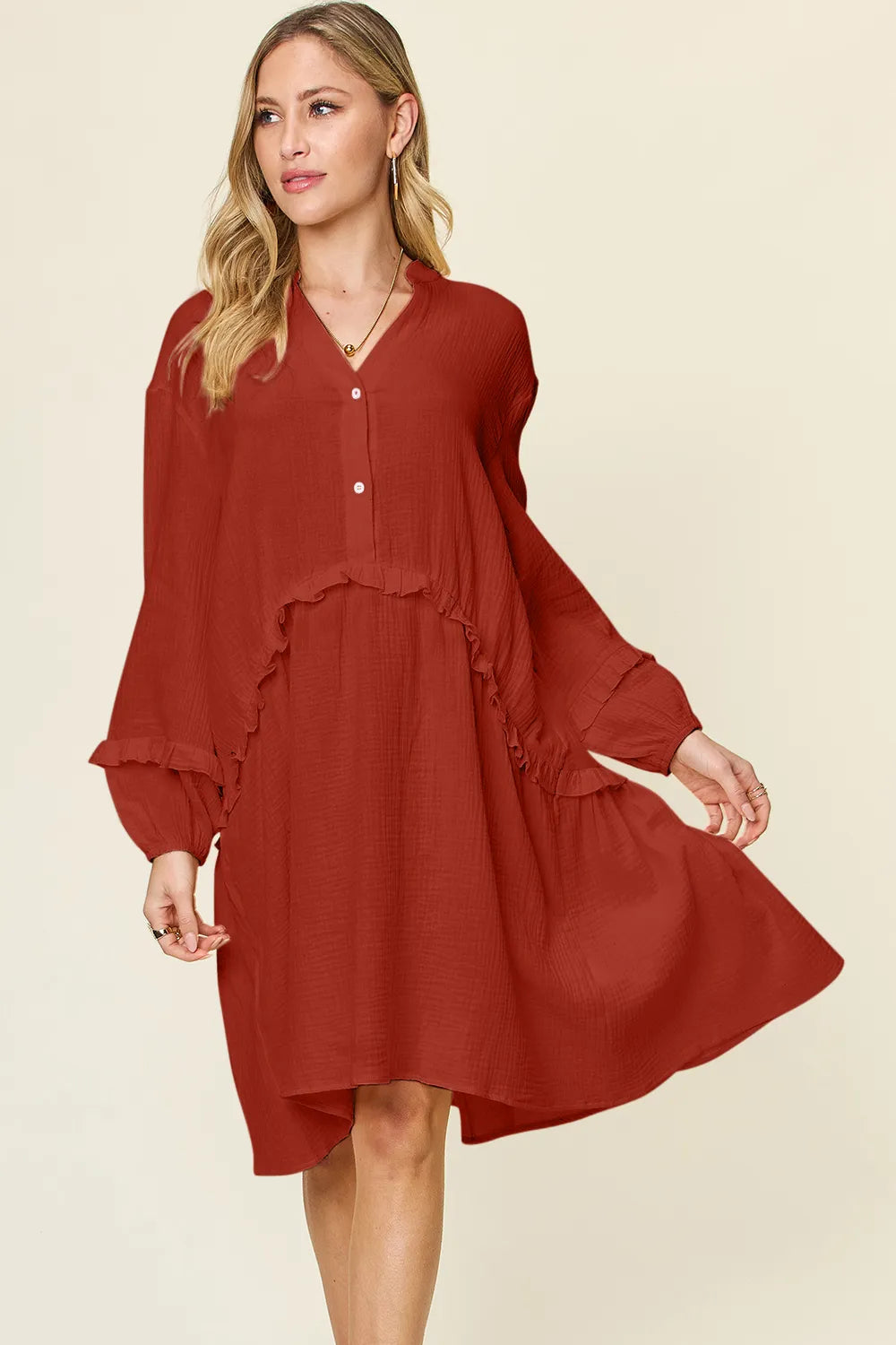 Caramel textured half button ruffle trim dress front view