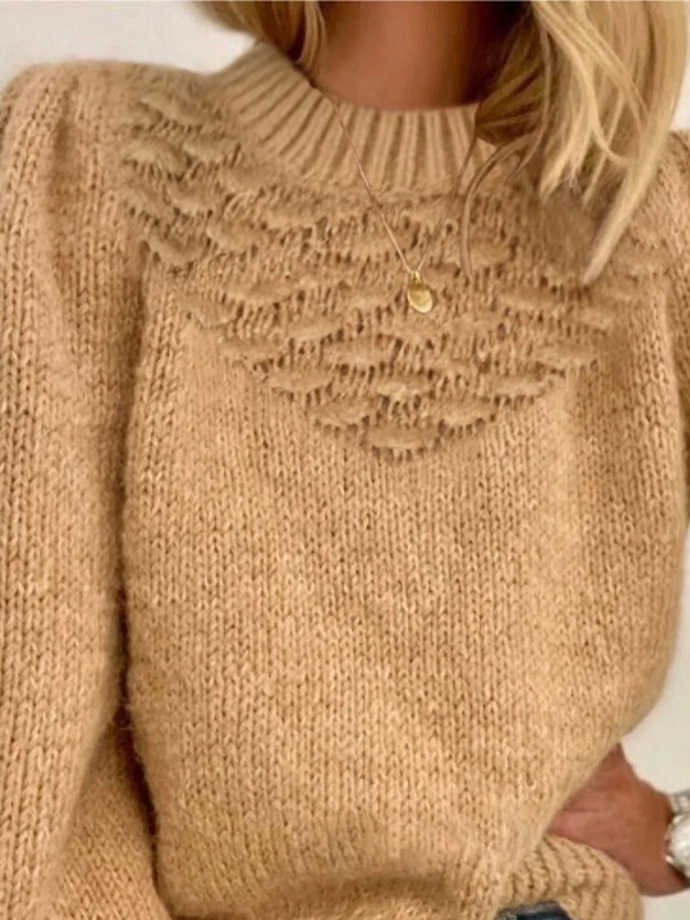 Textured Knit Round Neck Long Sleeve Sweater - Fashorio