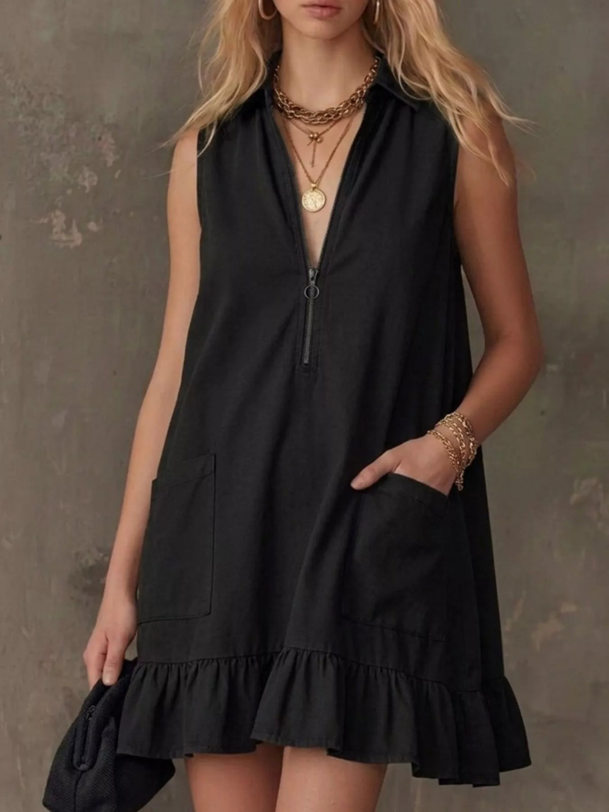Sleeveless collared dress shown in another colour