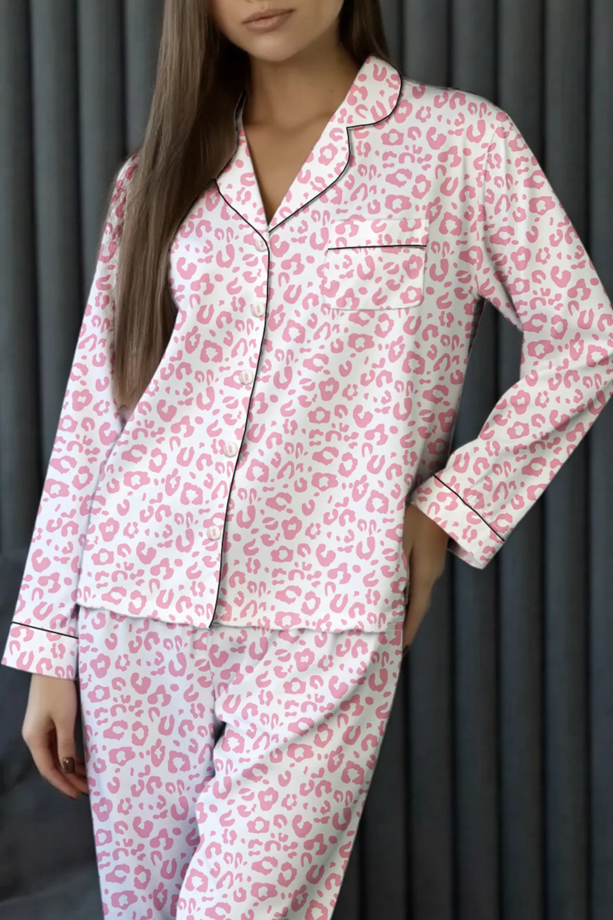 Leopard print button up top and pants set front view
