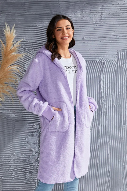 Double Take Full Size Hooded Teddy Bear Jacket with Thumbholes - Fashorio