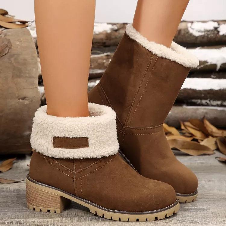 Suede round toe block heel boots shaft detail