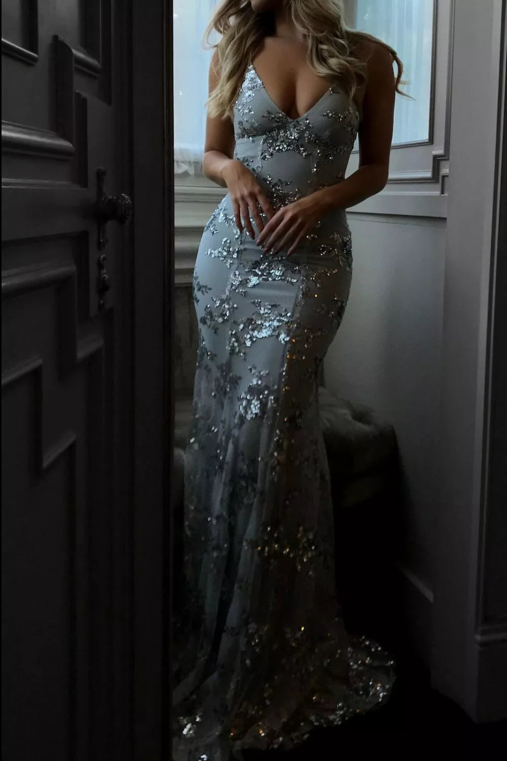 Sequin Tie Back V Neck Maxi Dress detail view