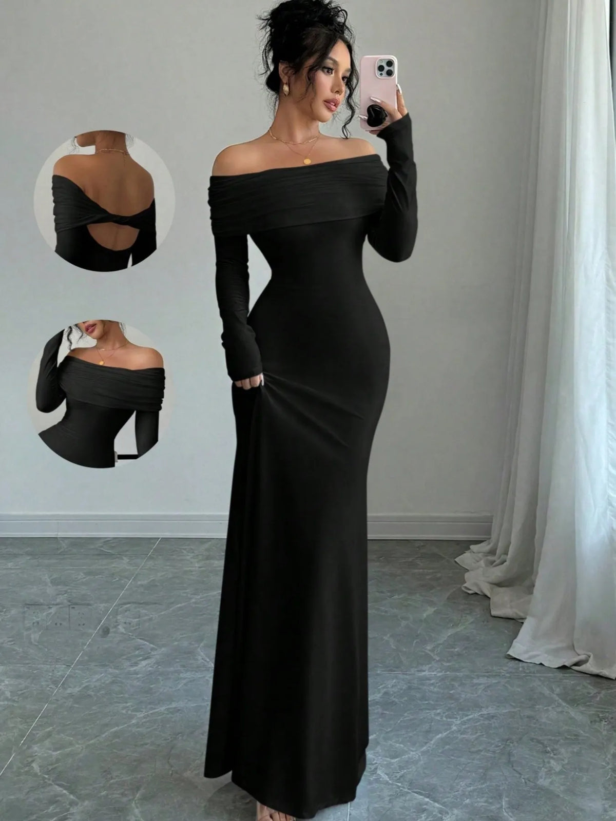 Off shoulder backless bodycon maxi dress side view