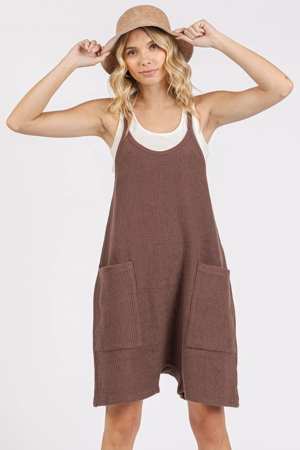 Brown scoop neck overalls front view