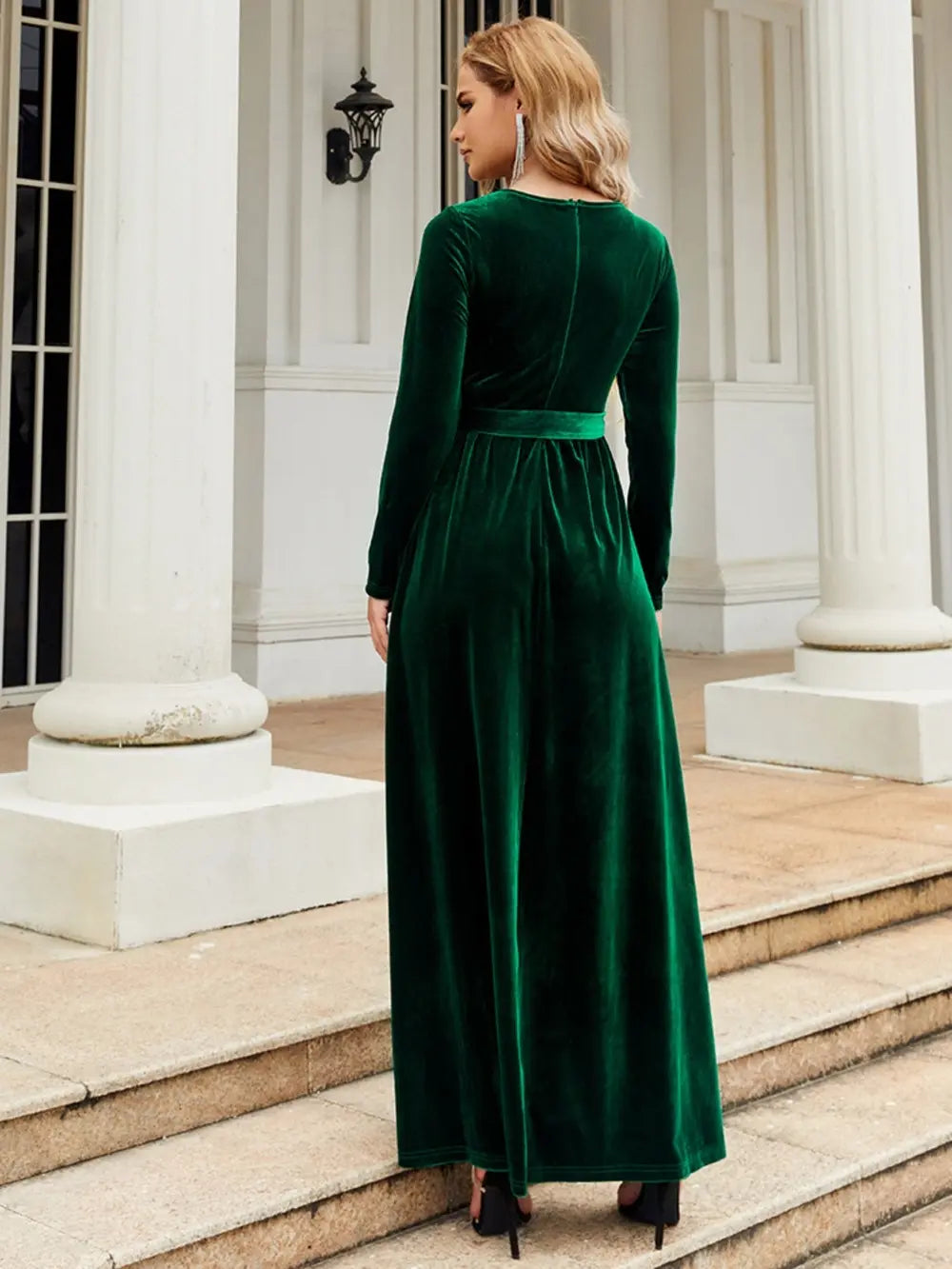 tie front long sleeve maxi dress movement shot