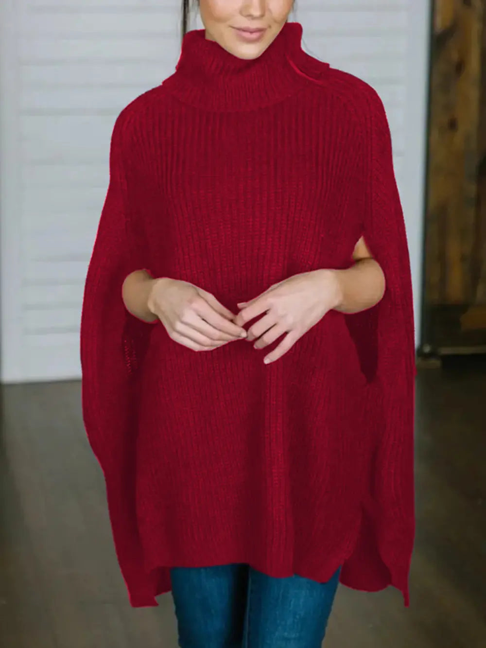 Turtleneck Slit Sweater Rust One Size - Fashorio
