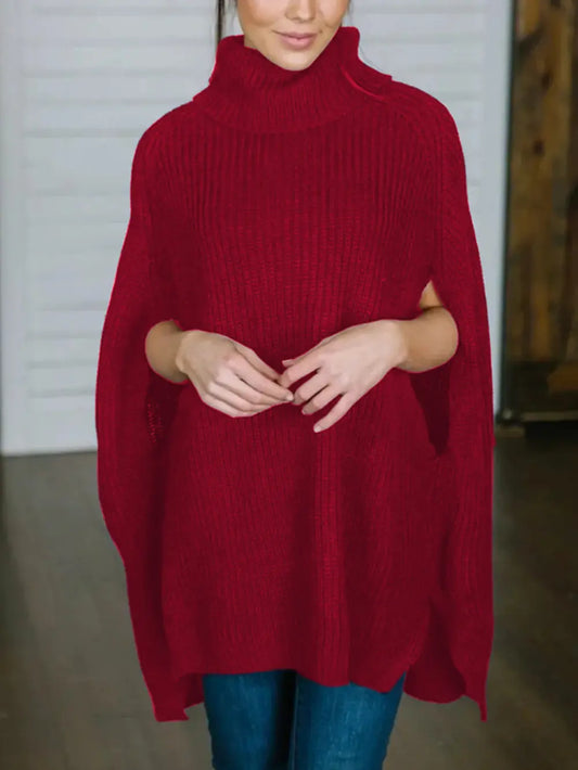 Turtleneck Slit Sweater Rust One Size - Fashorio