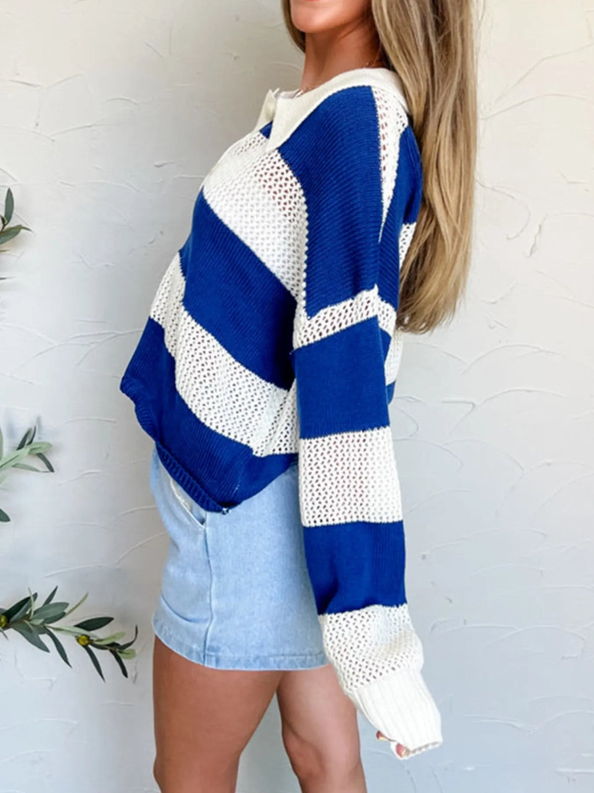 Dusty blue striped crochet polo cover up fabric detail view