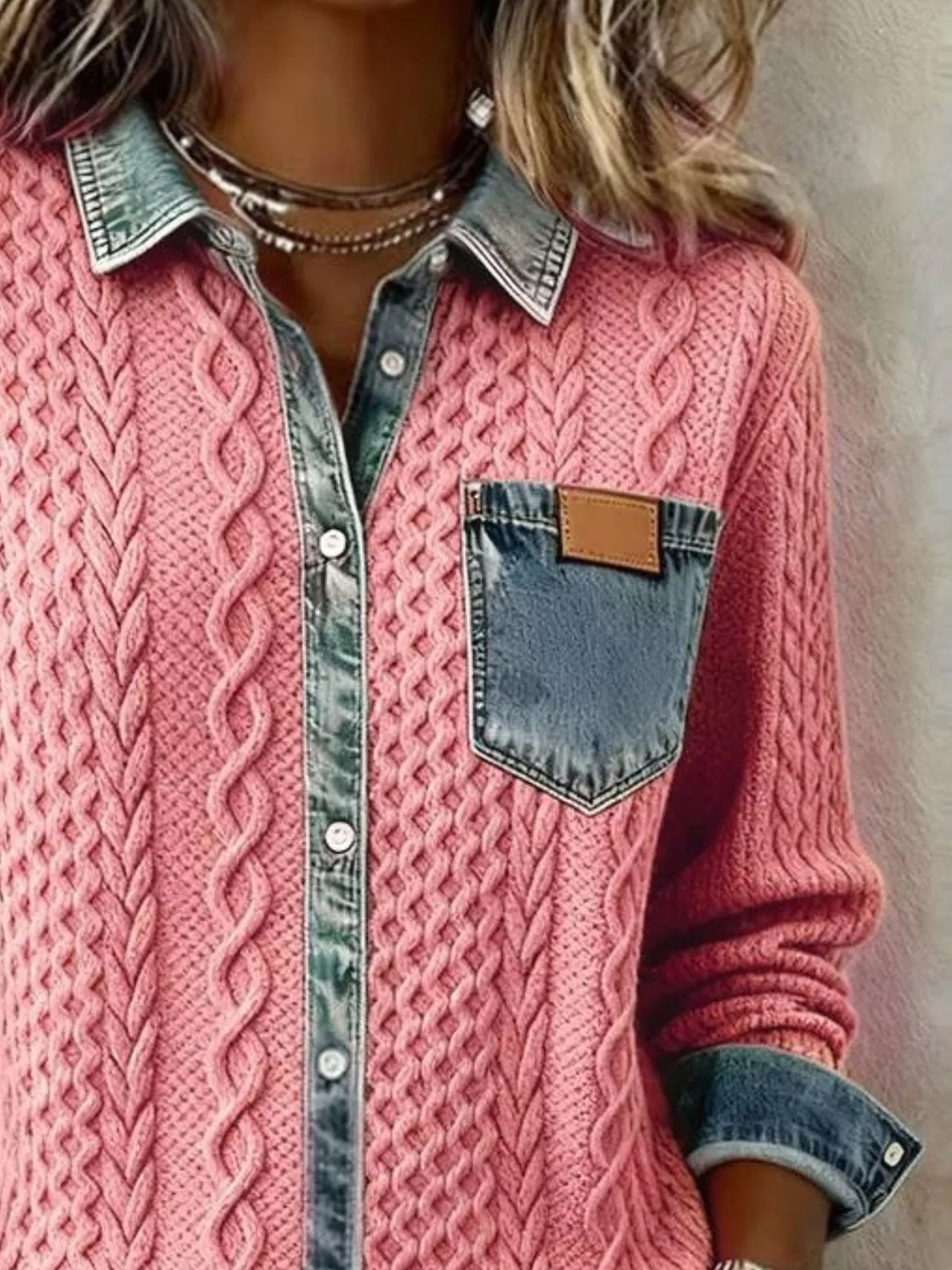 Denim Trim Cable Knit Cardigan, view 8