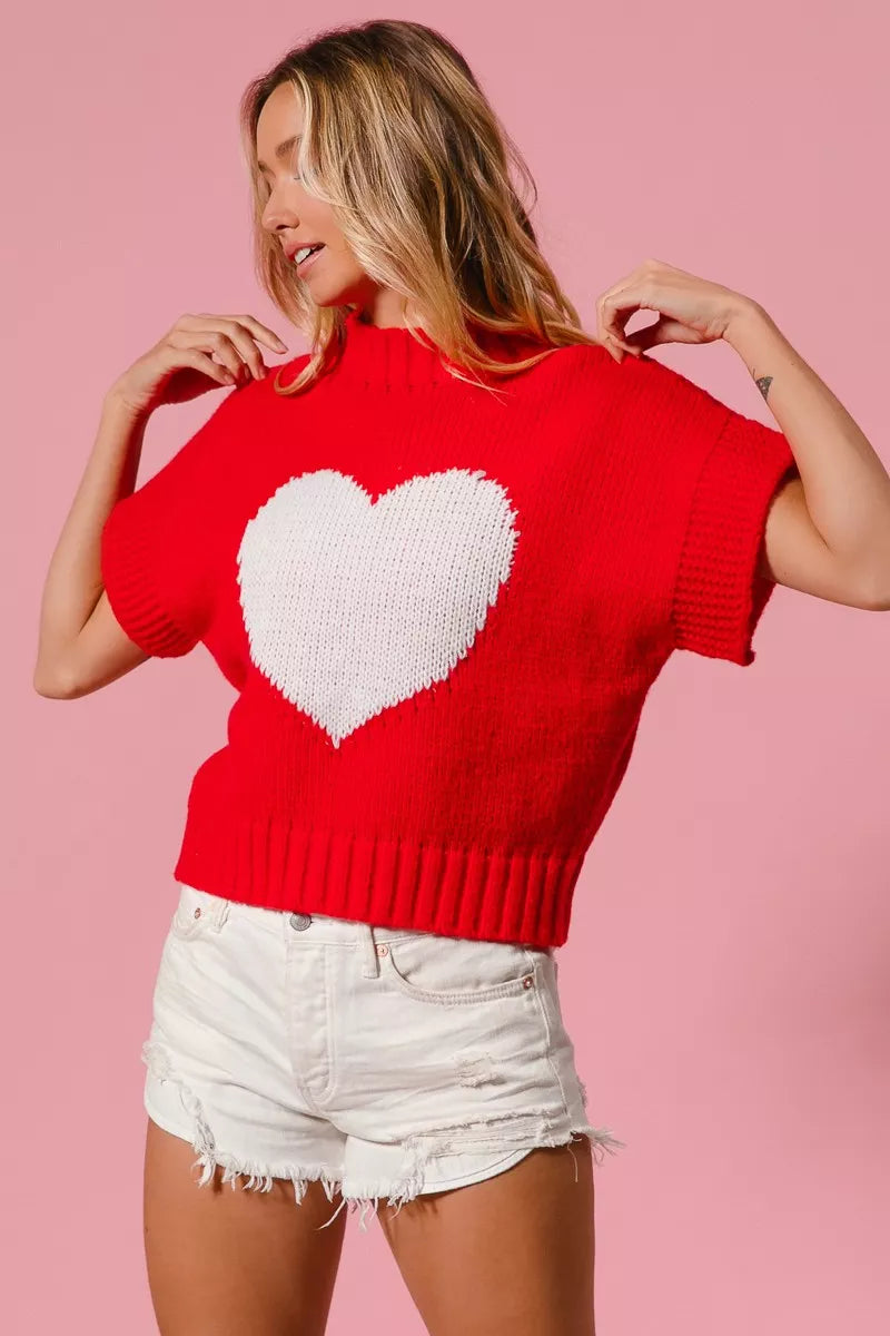 Heart Pattern Rib Banded Sweater in Red and Ivory view 11