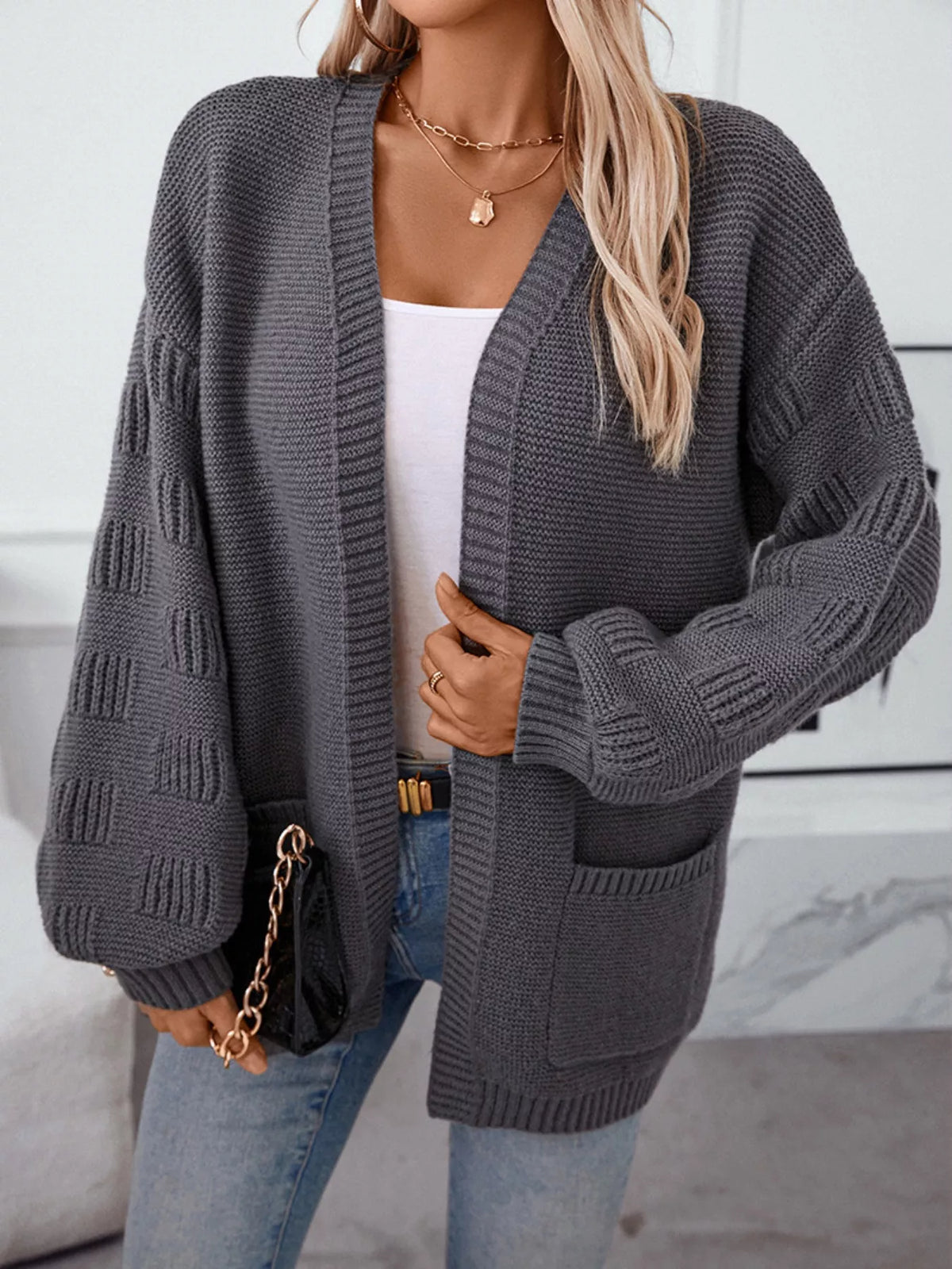 textured knit open front cardigan front view