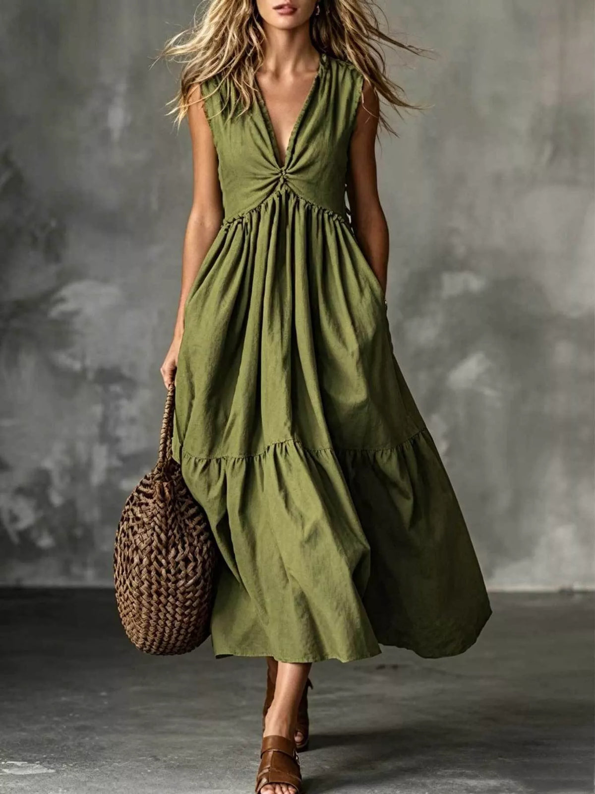 Ruched bodice detail on v neck dress