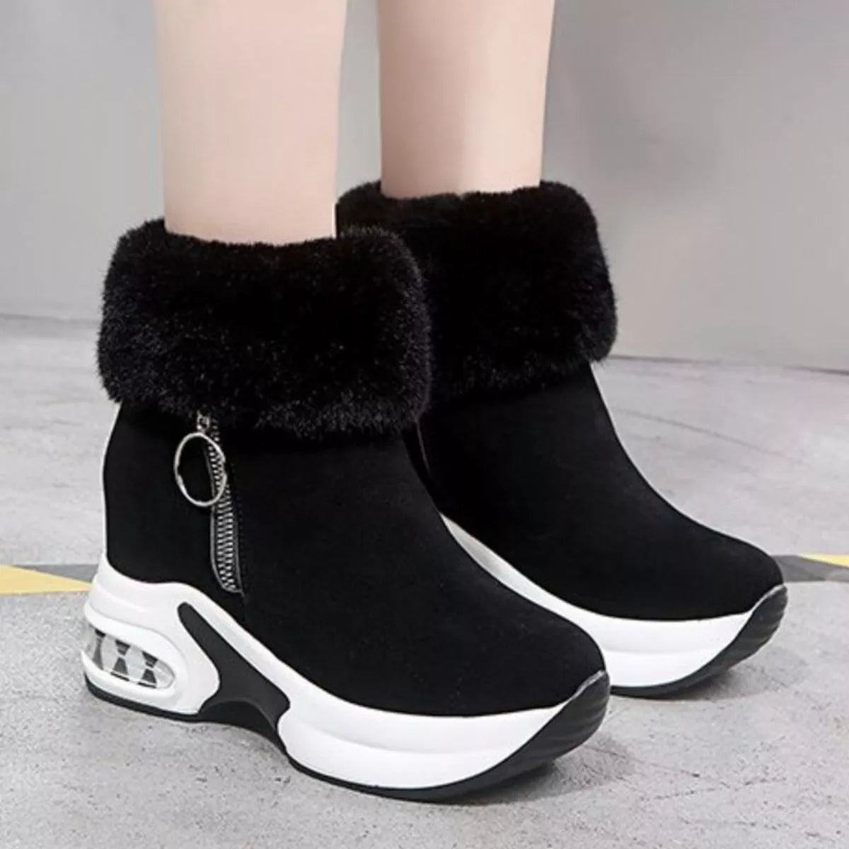 Fuzzy platform ankle boots heel detail