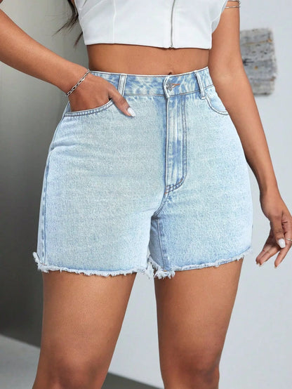 High-Waisted Raw Hem Denim Shorts Light - Fashorio