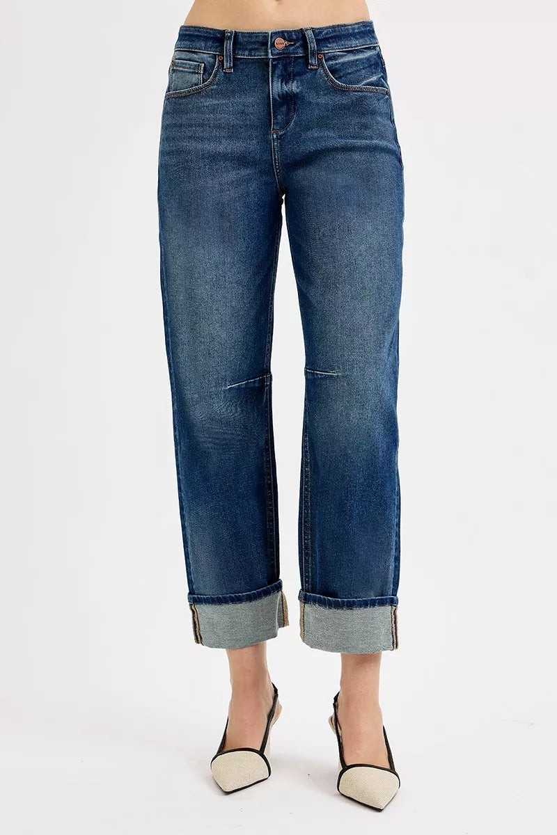 RISEN barrel leg jeans dark wash side view