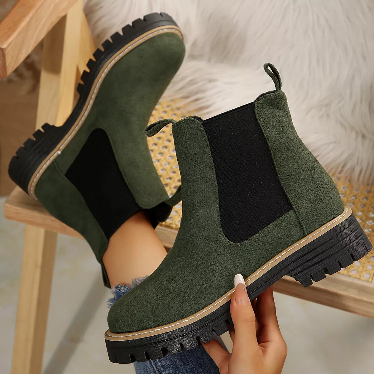 Platform boots worn with denim