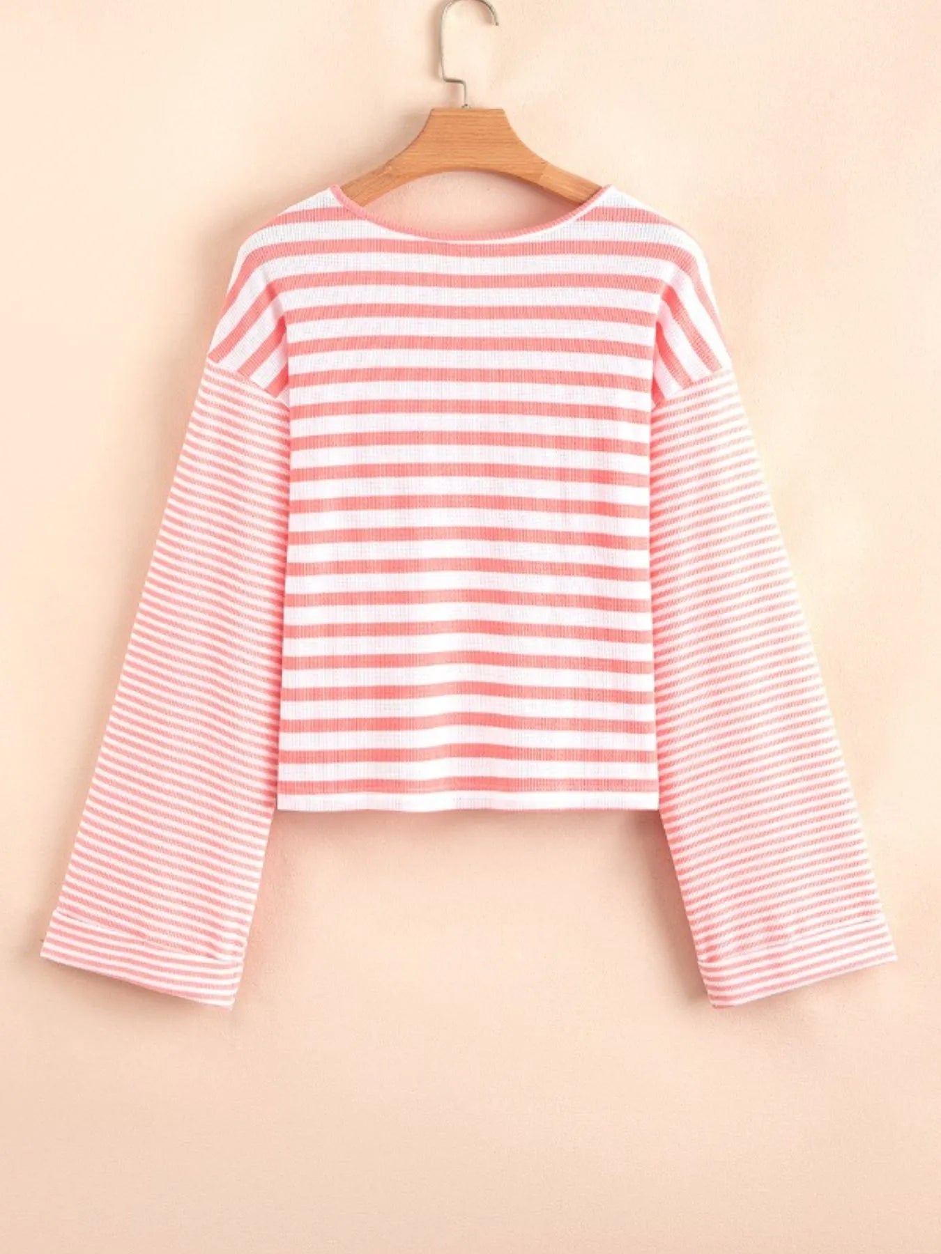 Striped Long Sleeve Ribbed Blouse - Fashorio