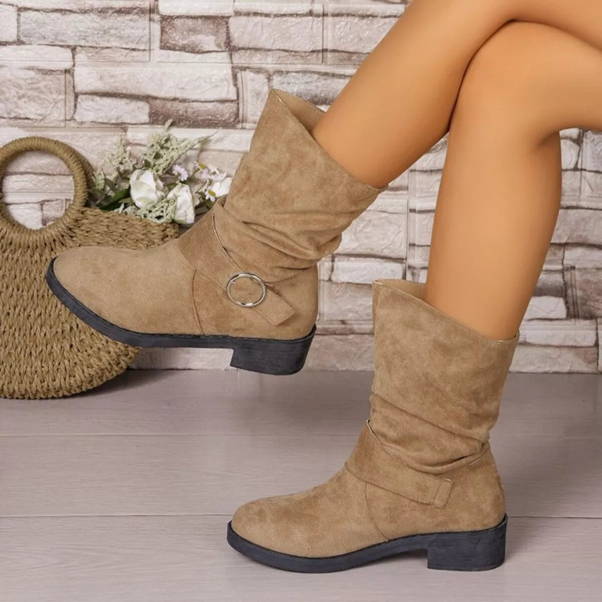 Suede round toe block heel boots angled view