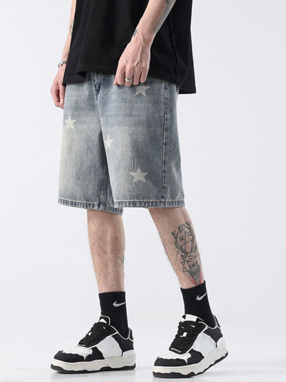Men's Distressed Star Print Denim Shorts - Fashorio