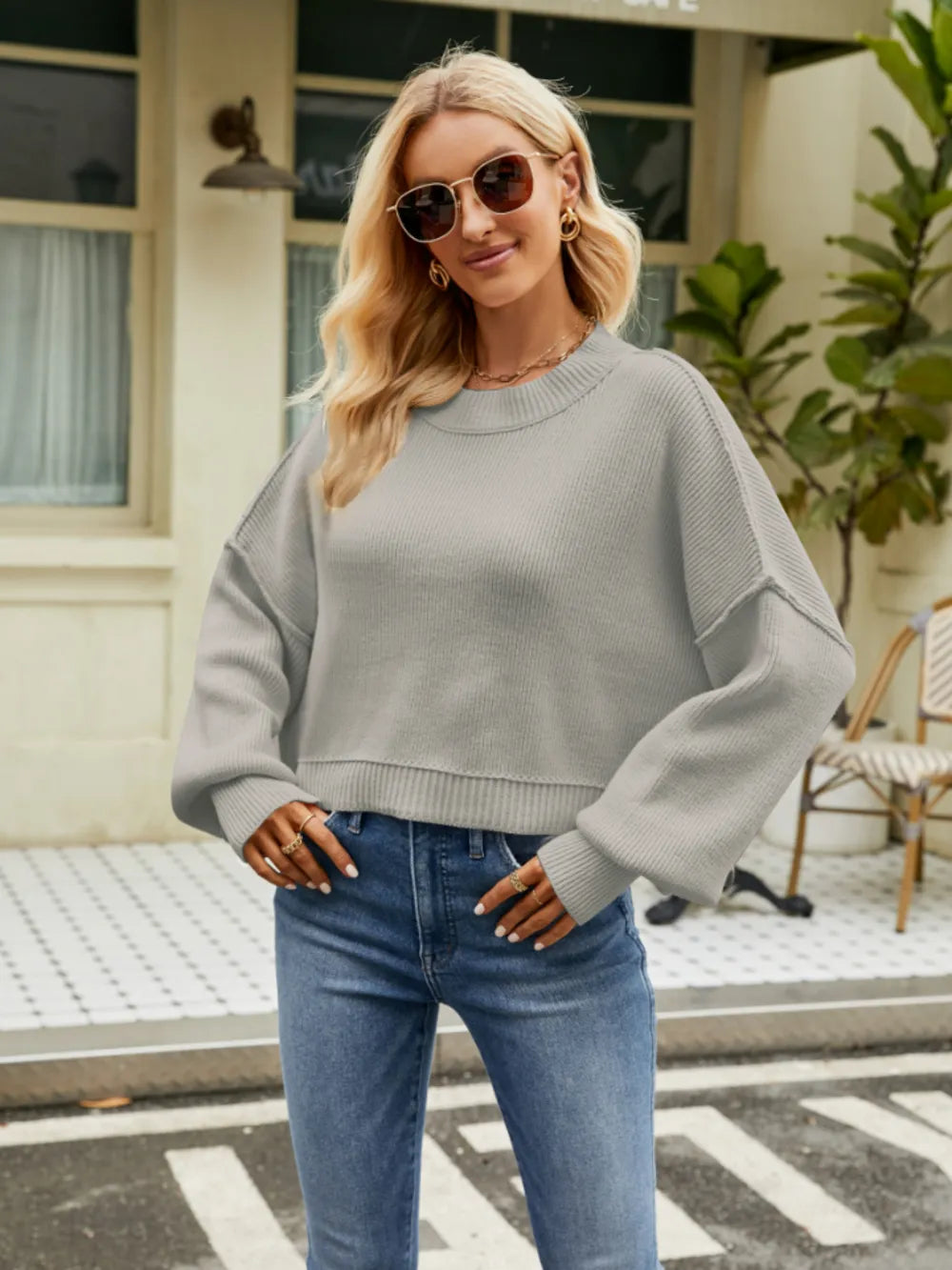 Round Neck Lantern Sleeve Sweater - Fashorio