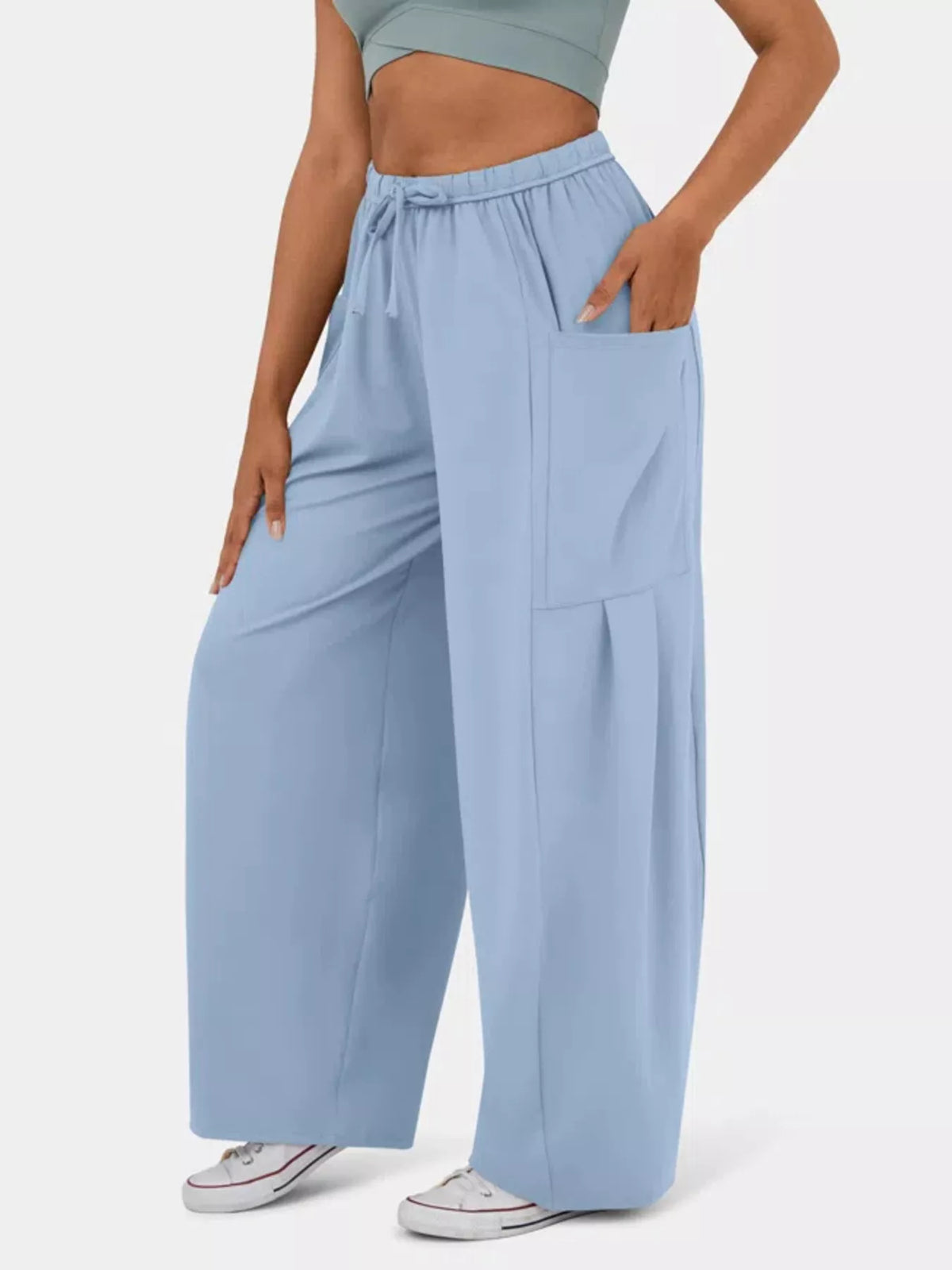 High waisted wide leg drawstring pants side view
