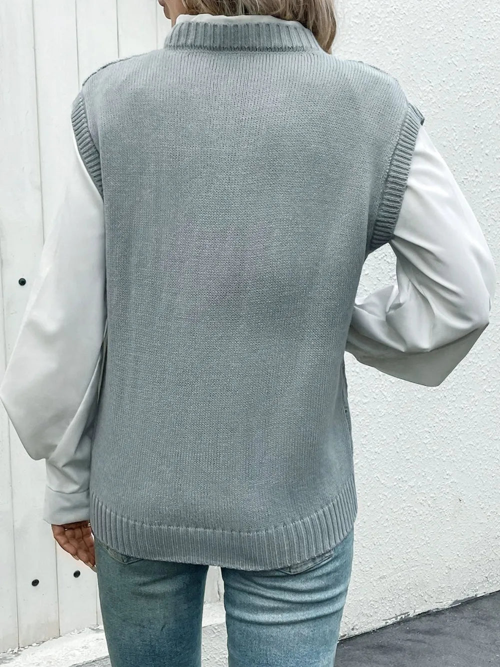 Openwork V Neck Sweater Vest in Gray back view