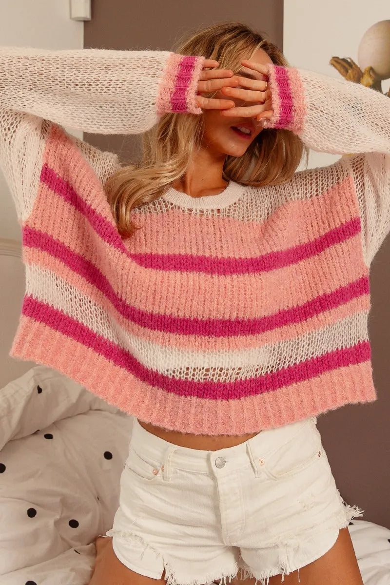 BiBi Hollow Out Yoke Detail Striped Sweater - Fashorio