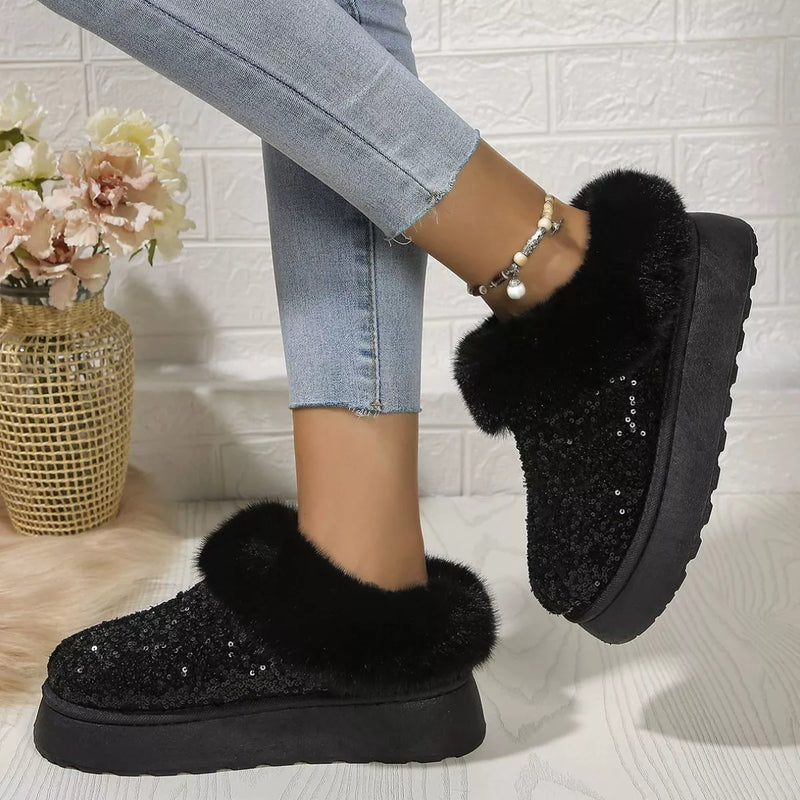 Sequin round toe platform boots in Black, front view