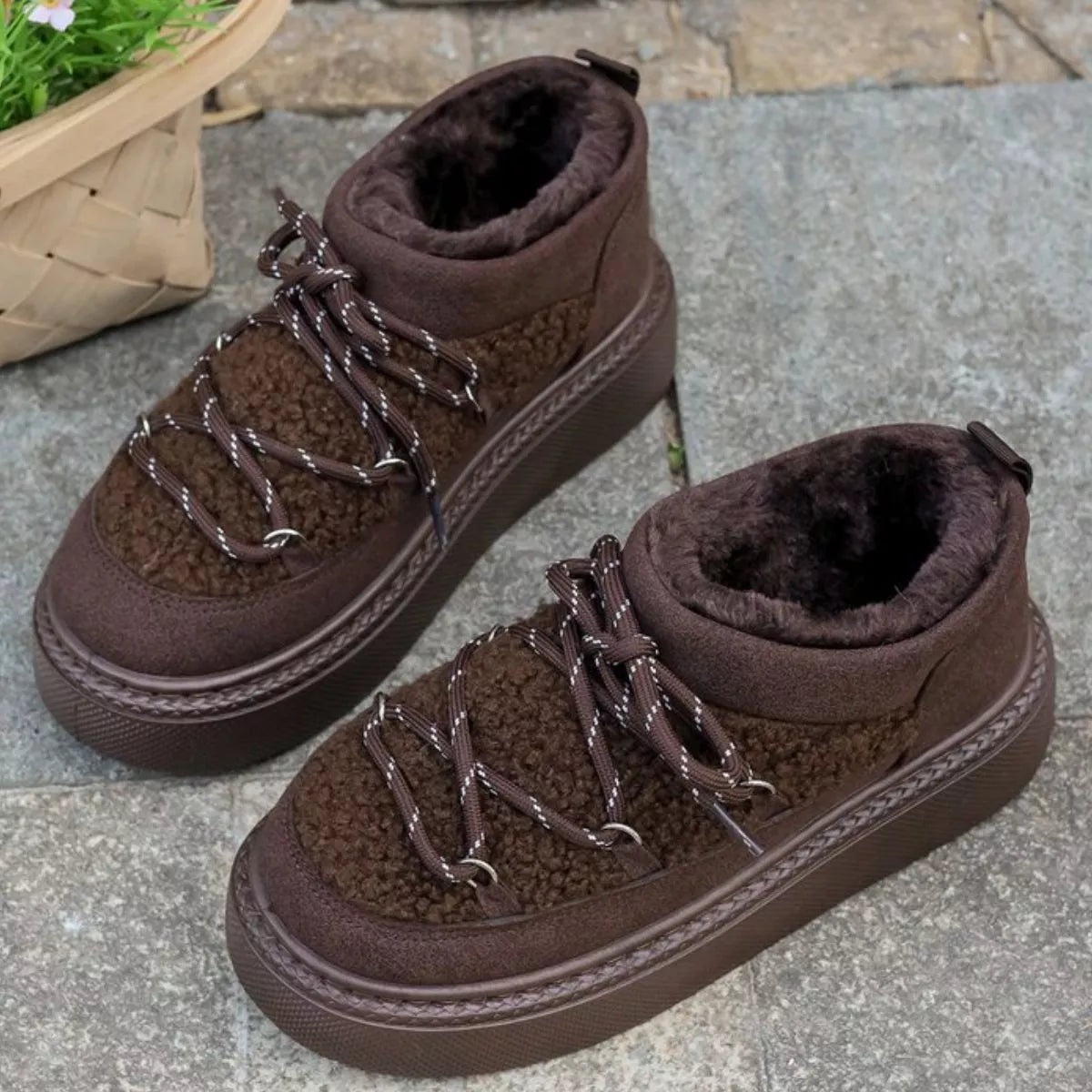 plush lined lace up platform winter boots flat lay