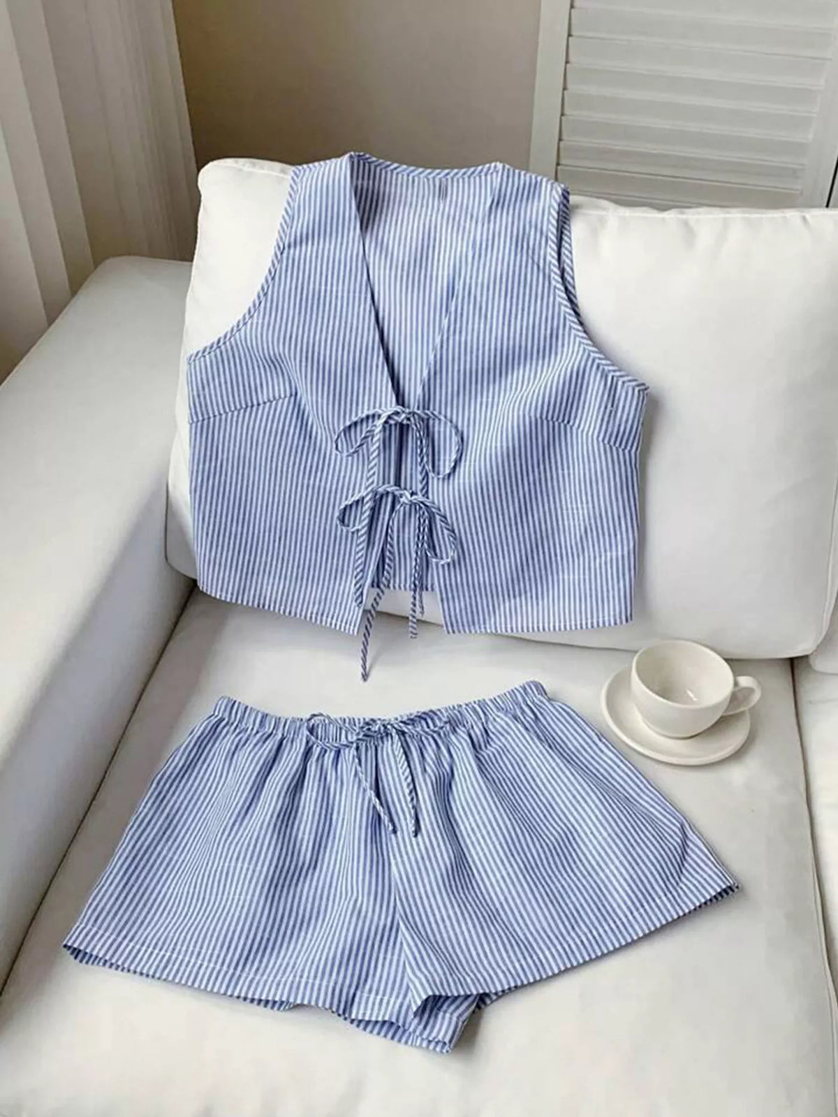 Blue striped tie front vest and shorts two piece set