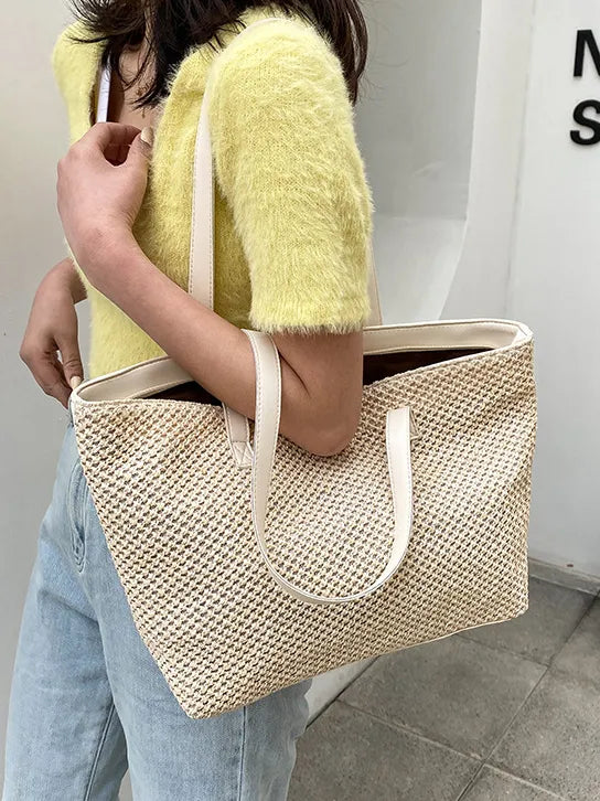 Woven tote bag shown open