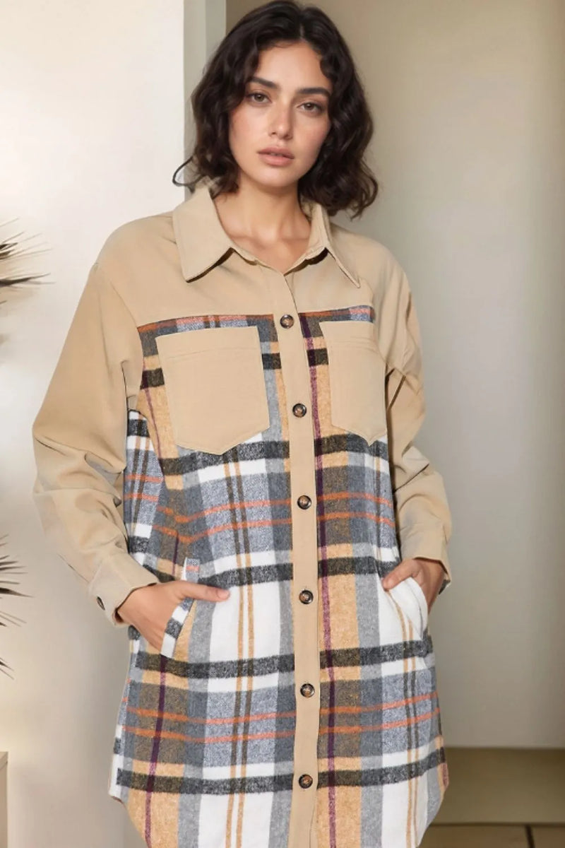 khaki plaid long sleeve button front mini shirt dress front view