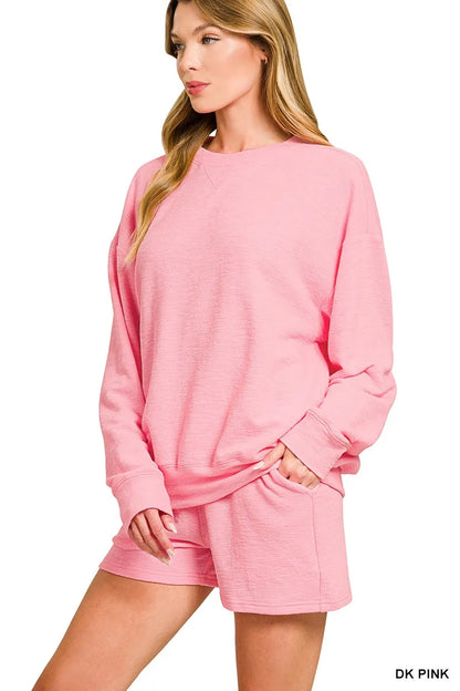 Zenana Slub Long Sleeve Top and Shorts Set - Fashorio