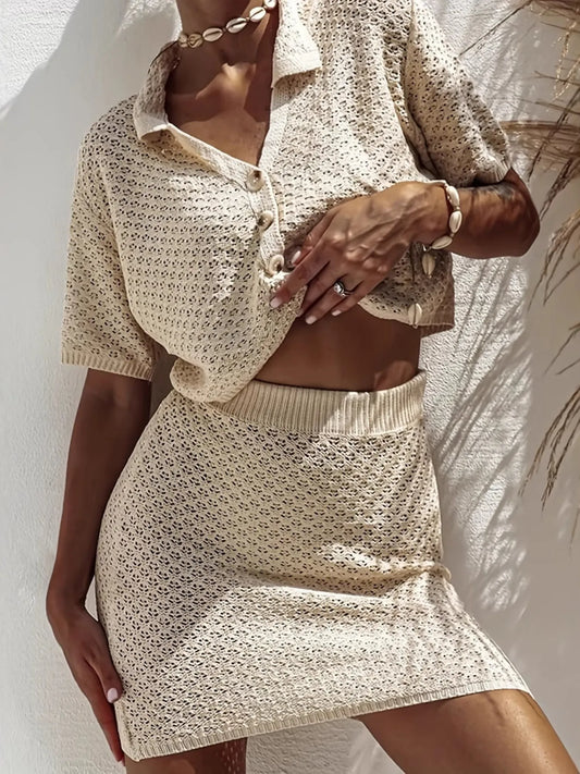 Openwork Button Up Top and Skirt Sweater Set Apricot - Fashorio