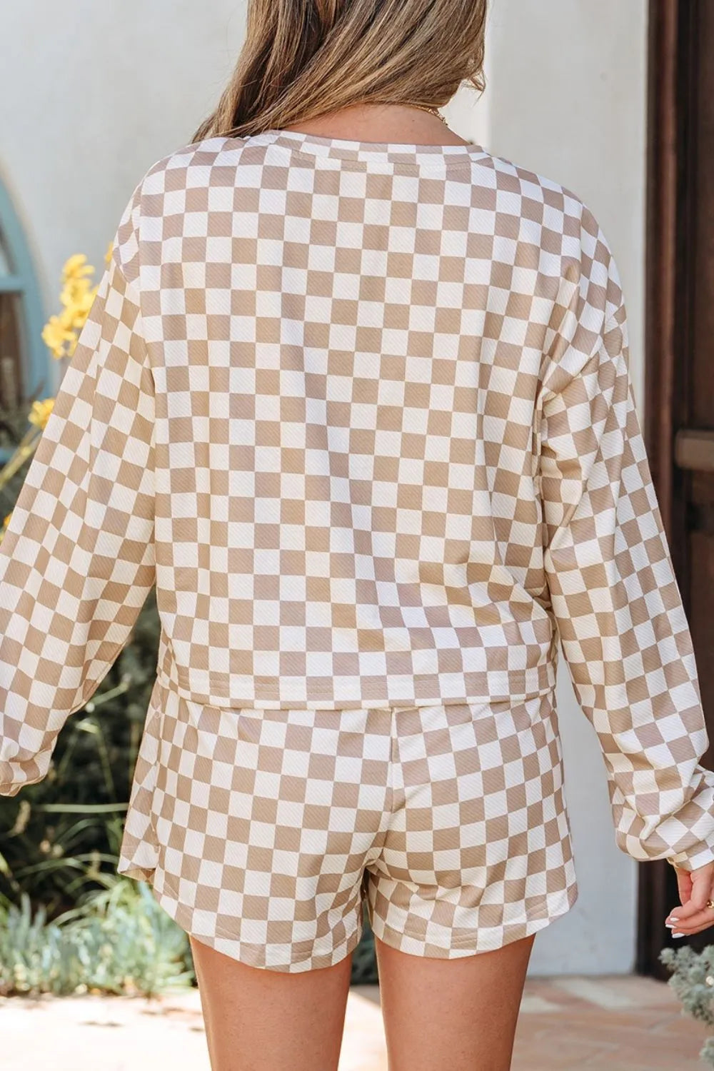 Checkered Long Sleeve Top and Skirt Two Piece Set detail