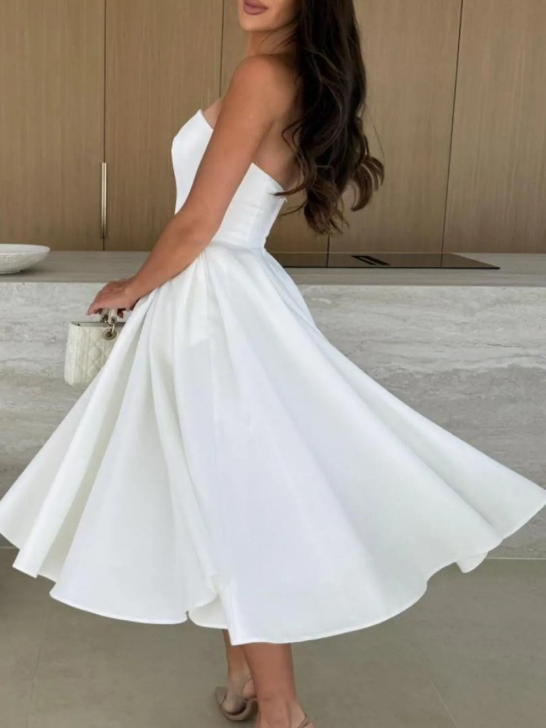 Strapless tube midi dress hem detail